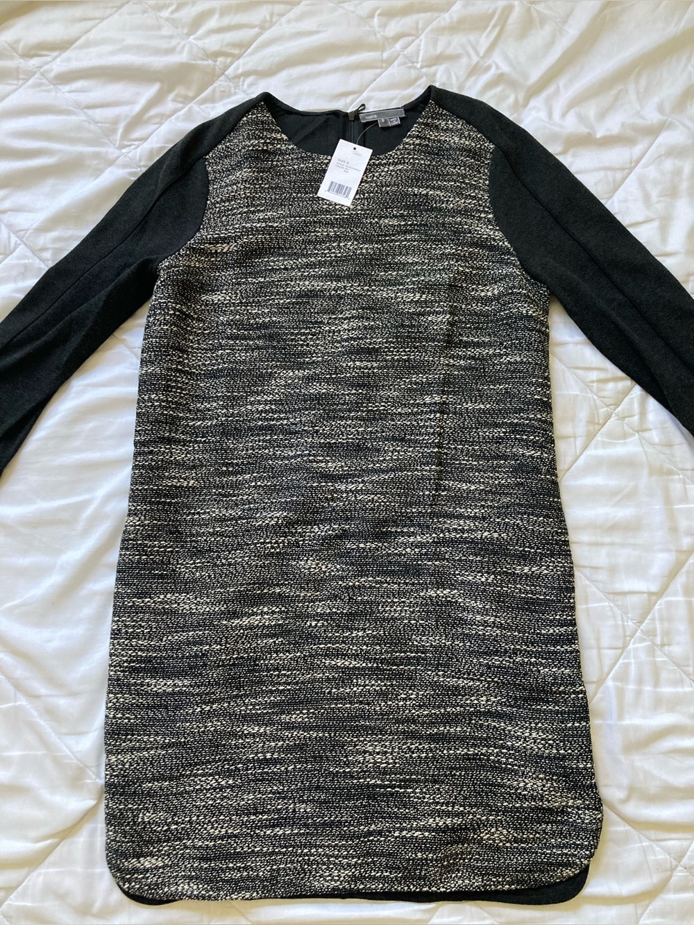 Vince Women’s S Black Cream Tweed Mixed Media Shift Dress Long Sleeve NWT